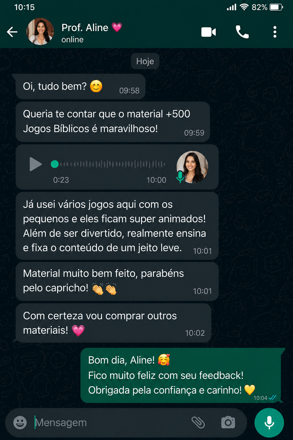 Avaliação de Prof. Aline no WhatsApp sobre o Kit 500 Jogos Bíblicos