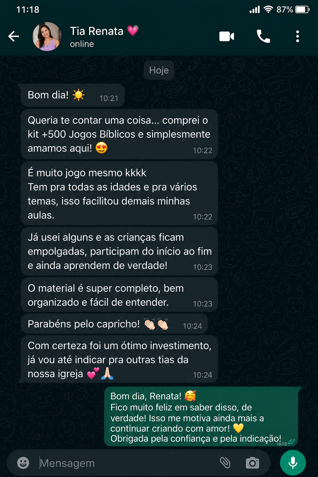 Avaliação de Tia Renata no WhatsApp sobre o Kit 500 Jogos Bíblicos