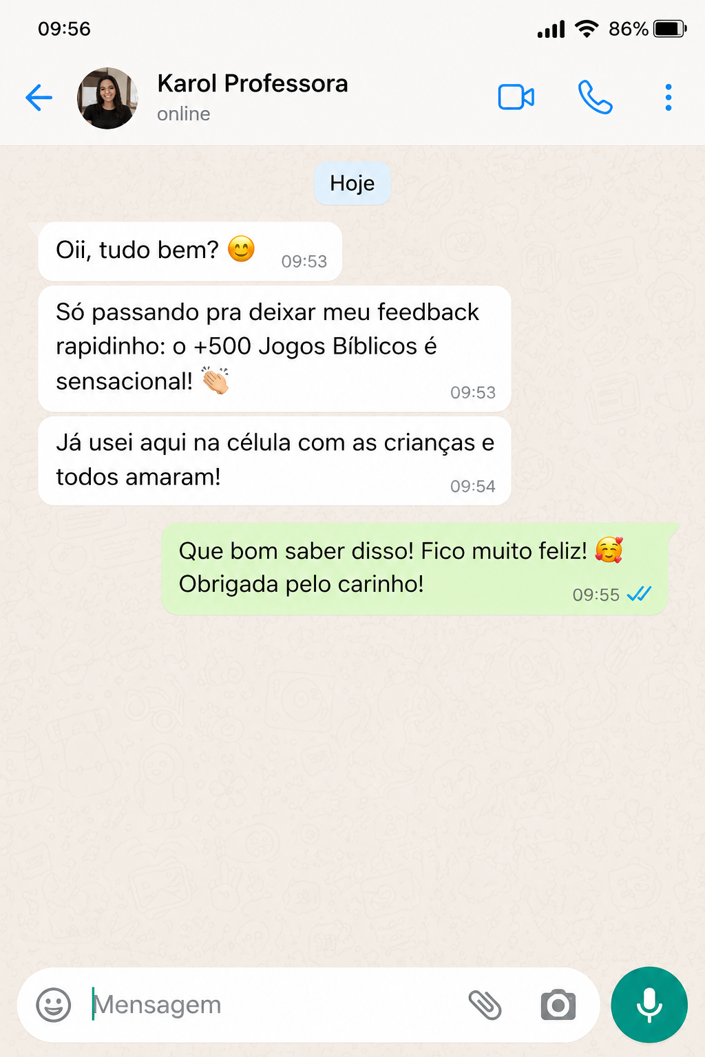 Avaliação de Karol Professora no WhatsApp sobre o Kit 500 Jogos Bíblicos