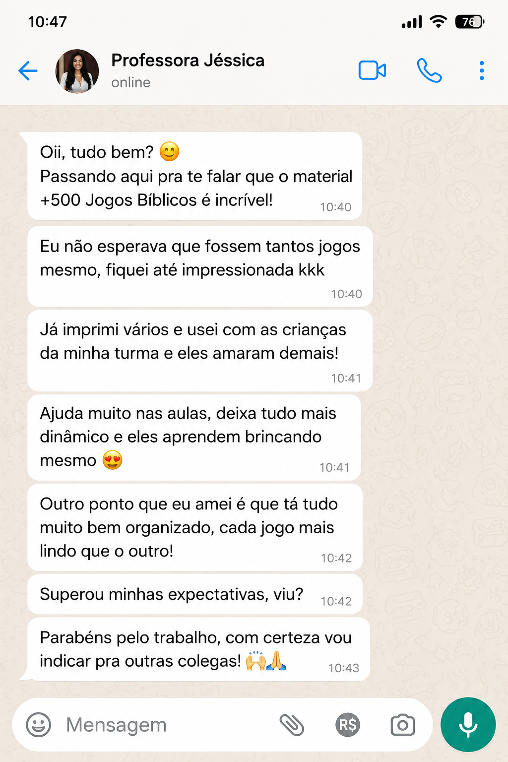 Avaliação de Professora Jéssica no WhatsApp sobre o Kit 500 Jogos Bíblicos