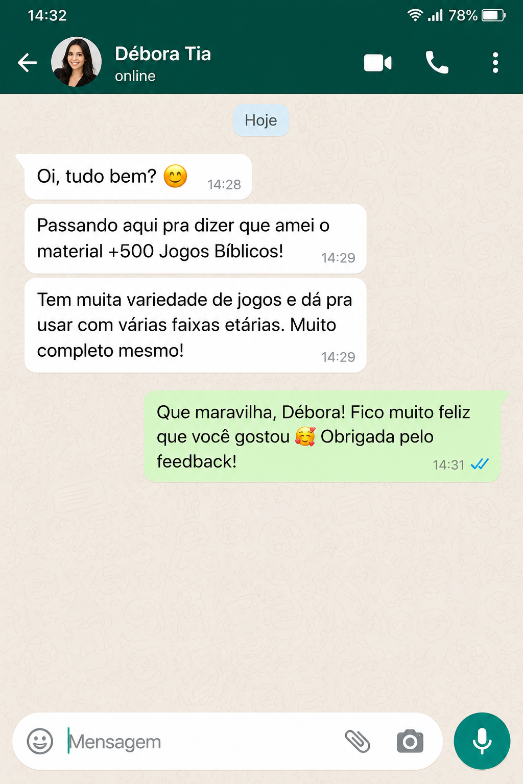 Avaliação de Débora Tia no WhatsApp sobre o Kit 500 Jogos Bíblicos