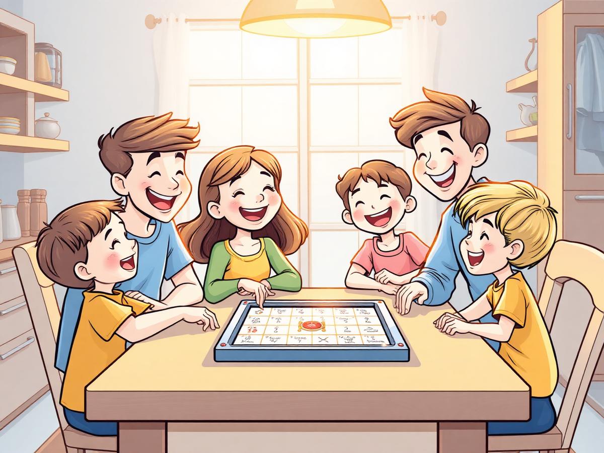 Família cristã jogando um jogo bíblico juntos na mesa da cozinha
